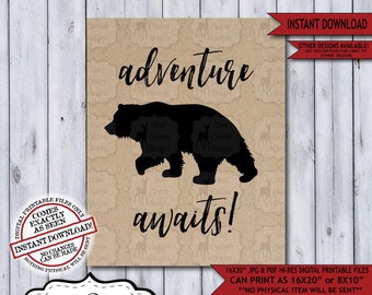 Adventure Awaits Lumberjack Nursery Wall Art Poster | Instant Download Bear Rustic Woodland Wilderness Plaid Flannel Sign for a Boy Nursery