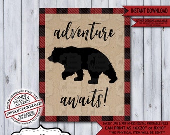Adventure Awaits Lumberjack Nursery Wall Art Poster | Instant Download Bear Rustic Woodland Wilderness Plaid Flannel Sign for a Boy Nursery