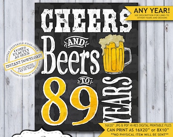 Cheers and Beers to 89 Years Chalkboard Poster | Instant Download Man's 89th Birthday Beer Sign | Poster Only