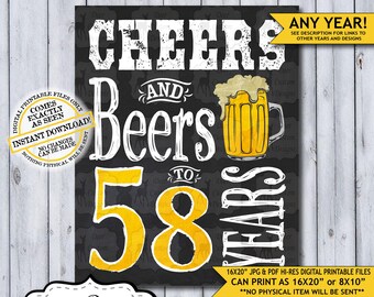 Cheers and Beers to 58 Years Chalkboard Poster | Instant Download Man's 58th Birthday Beer Sign | Poster Only