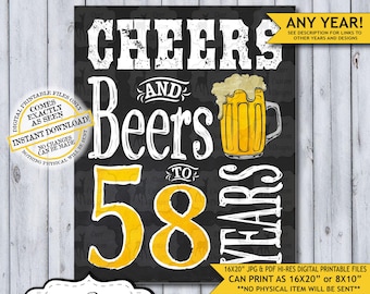 Cheers and Beers to 58 Years Chalkboard Poster | Instant Download Man's 58th Birthday Beer Sign | Poster Only