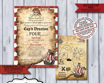 Pirate Birthday Invitation | Ahoy Matey  Pirate Birthday Invite | Any Age Pirate Pool Party | Printed or Printable Skull Treasure Map