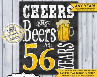 Cheers and Beers to 56 Years Chalkboard Poster | Instant Download Man's 56th Birthday Beer Sign | Poster Only