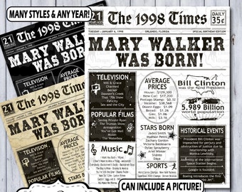 21st Birthday Poster | 21 Years Ago Birthday Newspaper Poster | 1998 Birthday Sign | Printable or Printed Year You Were Born Newspaper Sign