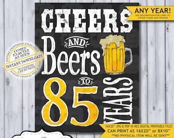 Cheers and Beers to 85 Years Chalkboard Poster | Instant Download Man's 85th Birthday Beer Sign | Poster Only