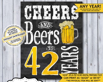 Cheers and Beers to 42 Years Chalkboard Poster | Instant Download Man's 42nd Birthday Beer Sign | Poster Only