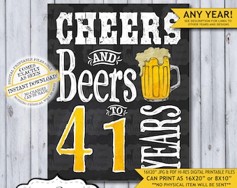Cheers and Beers to 41 Years Chalkboard Poster | Instant Download Man's 41st Birthday Beer Sign | Poster Only