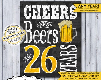 Cheers and Beers 26 Years | 26th Birthday Poster | Cheers to 26 | Cheers Birthday | Chalkboard Birthday Poster | Beer Sign | Man's Birthday