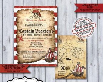 Pirate Birthday Invitation | Ahoy Matey  Pirate Birthday Invite | Any Age Pirate Pool Party | Printed or Printable Skull Treasure Map