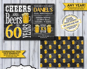 Cheers and Beers to 60 Years | 60th Birthday Invite | Cheers to 60 | Cheers Birthday | Chalkboard Birthday Invite | Beer Party | Man's Party