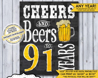 Cheers and Beers to 91 Years Chalkboard Poster | Instant Download Man's 91st Birthday Beer Sign | Poster Only