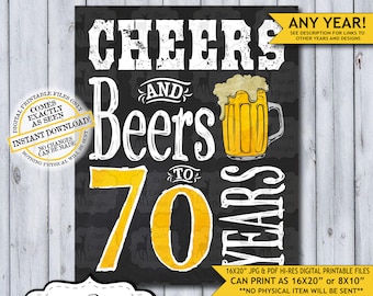 Cheers and Beers 70 Jahre | 70. Geburtstag Poster | Jubel zu 70 | Jubeln Geburtstag | Kreidetafel Geburtstagsposter | Bierschild | Männergeburtstag