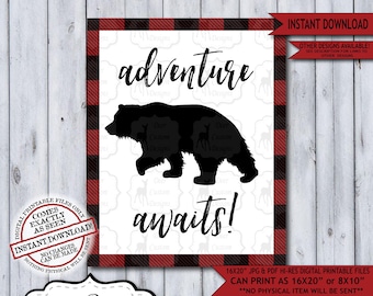 Adventure Awaits Lumberjack Nursery Wall Art Poster | Instant Download Bear Rustic Woodland Wilderness Plaid Flannel Sign for a Boy Nursery