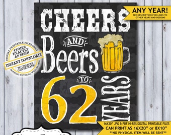Cheers and Beers to 62 Years Chalkboard Poster | Instant Download Man's 62nd Birthday Beer Sign | Poster Only