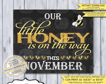 Little Honey Chalkboard Pregnancy Announcement Photo Prop | Spring Bumble Bee Baby Reveal Printable Poster | November Instant Download Sign