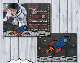 Rocket Birthday Invitation | Photo Space Chalkboard Birthday Invite | Astronaut Invitation | Outer Space Birthday Invite | Alien Invitation