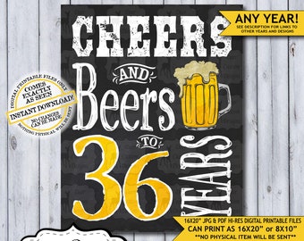 Cheers and Beers 36 Years | 36th Birthday Poster | Cheers to 36 | Cheers Birthday | Chalkboard Birthday Poster | Beer Sign | Man's Birthday