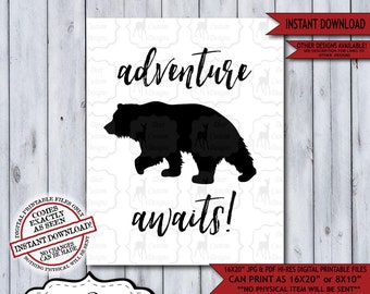 Adventure Awaits Lumberjack Nursery Wall Art Poster | Instant Download Bear Rustic Woodland Wilderness Plaid Flannel Sign for a Boy Nursery