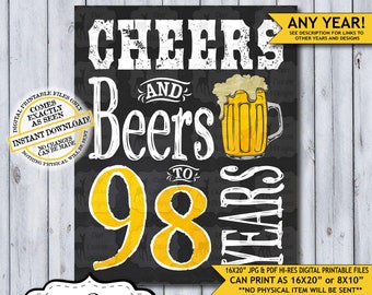 Cheers and Beers to 98 Years Chalkboard Poster | Instant Download Man's 98th Birthday Beer Sign | Poster Only