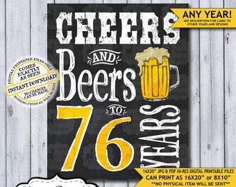 Cheers and Beers to 76 Years Chalkboard Poster | Instant Download Man's 76th Birthday Beer Sign | Poster Only