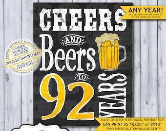Cheers and Beers to 92 Years Chalkboard Poster | Instant Download Man's 92nd Birthday Beer Sign | Poster Only