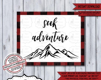 Seek Adventure Lumberjack Nursery Wall Art Poster | Instant Download Rustic Mountain Wilderness Plaid Flannel Sign for a Boy Nursery