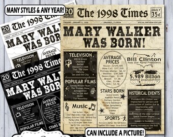 20th Birthday Poster | 20th Anniversary Poster | Newspaper Poster | 20 Years Ago | Birthday Sign | Anniversary Sign | Birthday Gift | 1998