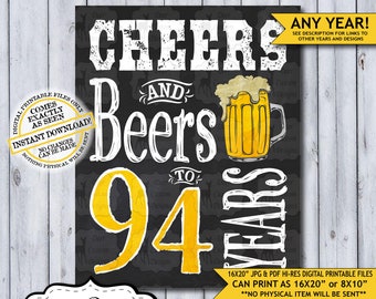 Cheers and Beers to 94 Years Chalkboard Poster | Instant Download Man's 94th Birthday Beer Sign | Poster Only