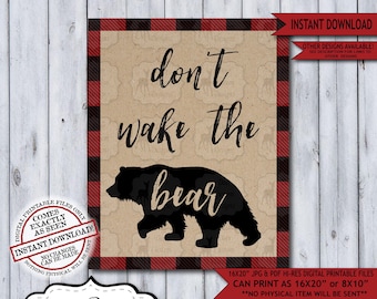 Don't Wake the Bear Lumberjack Nursery Wall Art Poster | Instant Download Bear Rustic Woodland Wilderness Plaid Sign for a Boy Nursery