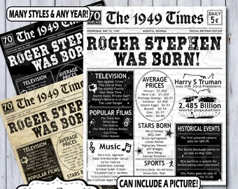 70th Birthday Poster | 70 Years Ago Birthday Newspaper Poster | 1949 Birthday Sign | Printable or Printed Year You Were Born Newspaper Sign