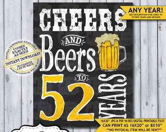 Cheers and Beers to 52 Years Chalkboard Poster | Instant Download Man's 52nd Birthday Beer Sign | Poster Only