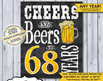 Cheers and Beers to 68 Years Chalkboard Poster | Instant Download Man's 68th Birthday Beer Sign | Poster Only