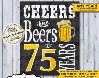 Cheers and Beers to 75 Years Chalkboard Poster | Instant Download Man's 75th Birthday Beer Sign | Poster Only