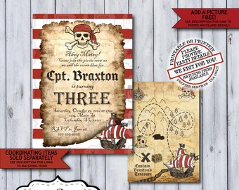 Pirate Birthday Invitation | Any Birthday | Pirate Birthday Invite | Printed or Printable | First Second Third | Skull Treasure Map Ahoy