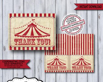 Vintage Circus Thank You Note Cards | Blank First Birthday Notecards | Carnival Baby Shower Folded Stationery | Printable Instant Download