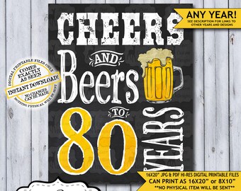 Cheers and Beers 80 Years | 80th Birthday Poster | Cheers to 80 | Cheers Birthday | Chalkboard Birthday Poster | Beer Sign | Man's Birthday