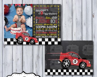 Racecar Photo Birthday Invitation | Photo Racecar Chalkboard Birthday Invite | Photo Chalkboard Race Car Party | Race Track | Nascar Racing