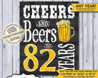 Cheers and Beers to 82 Years Chalkboard Poster | Instant Download Man's 82nd Birthday Beer Sign | Poster Only