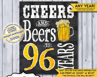Cheers and Beers to 96 Years Chalkboard Poster | Instant Download Man's 96th Birthday Beer Sign | Poster Only
