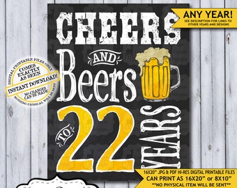 Cheers and Beers 22 Years | 22nd Birthday Poster | Cheers to 22 | Cheers Birthday | Chalkboard Birthday Poster | Beer Sign | Man's Birthday