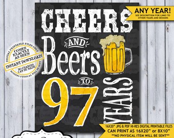 Cheers and Beers to 97 Years Chalkboard Poster | Instant Download Man's 97th Birthday Beer Sign | Poster Only