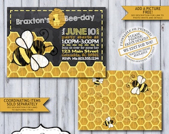 Bee 1st Birthday Invitation | Bumble Bee Day Birthday Invite | Honey Bee First Birthday Party | Chalkboard Printable or Printed | Hunny