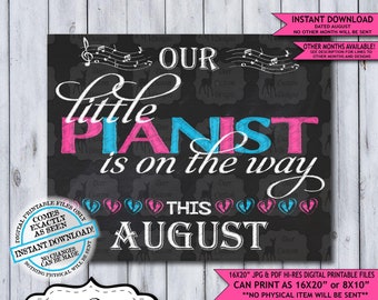 Little Pianist Chalkboard Pregnancy Announcement Photo Prop | Musical Musician Baby Reveal Printable Poster | August Instant Download Sign