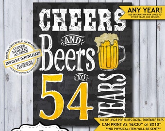 Cheers and Beers to 54 Years Chalkboard Poster | Instant Download Man's 54th Birthday Beer Sign | Poster Only