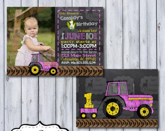 Farm Birthday Photo Invitation | Pink Tractor Chalkboard Photo Birthday Invite | Chalkboard Farm Party | Deere Birthday Party | Photo Invite