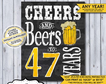 Cheers and Beers to 47 Years Chalkboard Poster | Instant Download Man's 47th Birthday Beer Sign | Poster Only