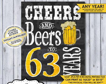 Cheers and Beers to 63 Years Chalkboard Poster | Instant Download Man's 63rd Birthday Beer Sign | Poster Only