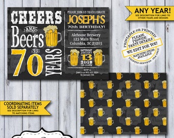 Cheers and Beers to 70 Years | 70th Birthday Invite | Cheers to 70 | Cheers Birthday | Chalkboard Birthday Invite | Beer Party | Man's Party