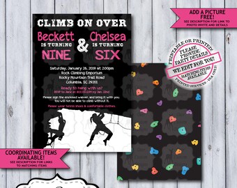 Rock Climbing Birthday Invitation | Boy, Girl, or Twin Indoor Climbing Birthday Invite | Mountain Climbing Adventure Printable or Printed