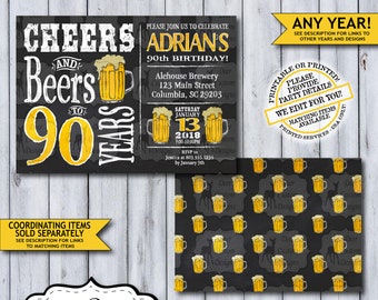 Cheers and Beers to 90 Years | 90th Birthday Invite | Cheers to 90 | Cheers Birthday | Chalkboard Birthday Invite | Beer Party | Man's Party